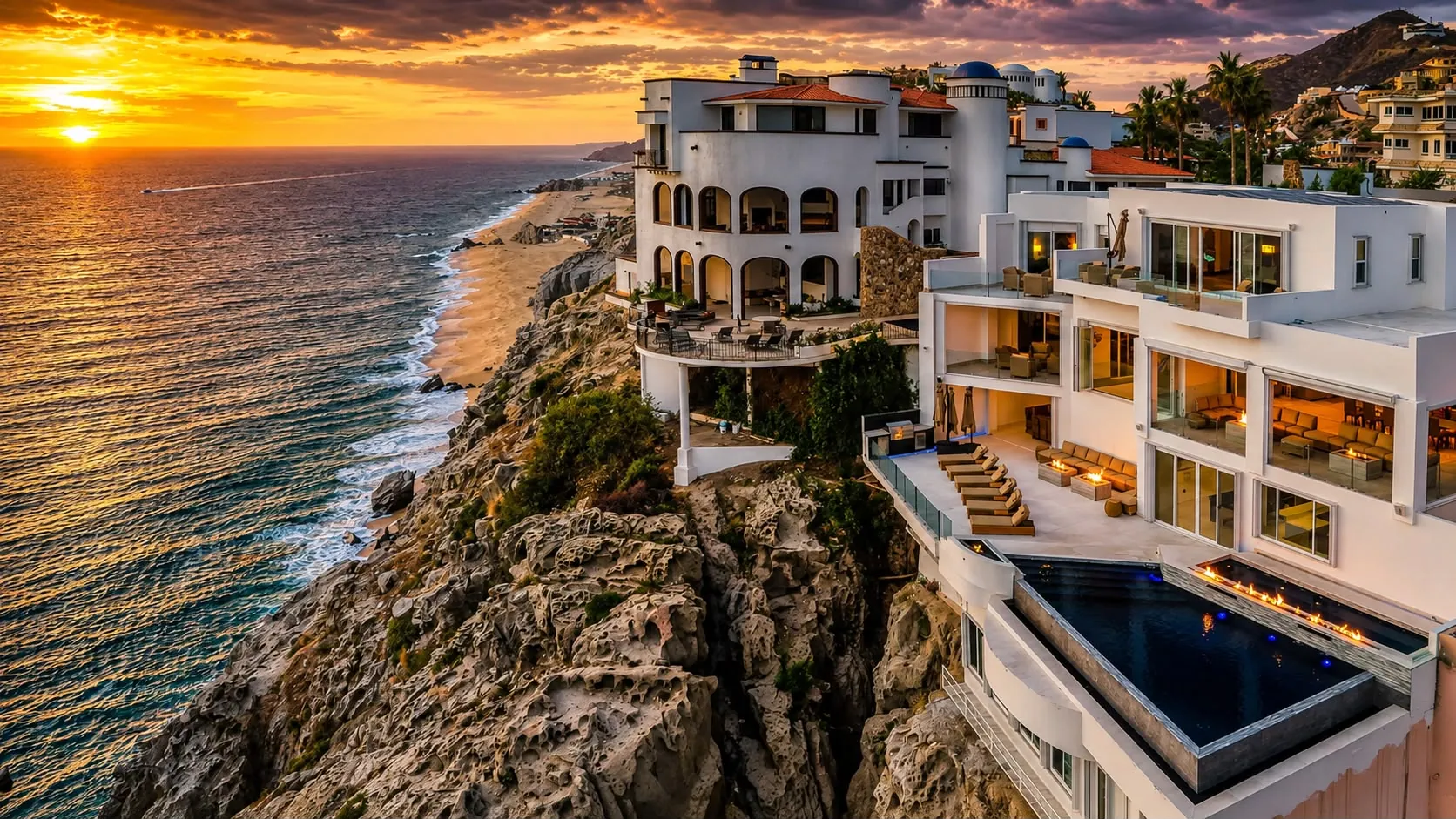 Villa Lands End at sunset, perched on a Pedregal cliff 260 feet above the Pacific in Cabo San Lucas