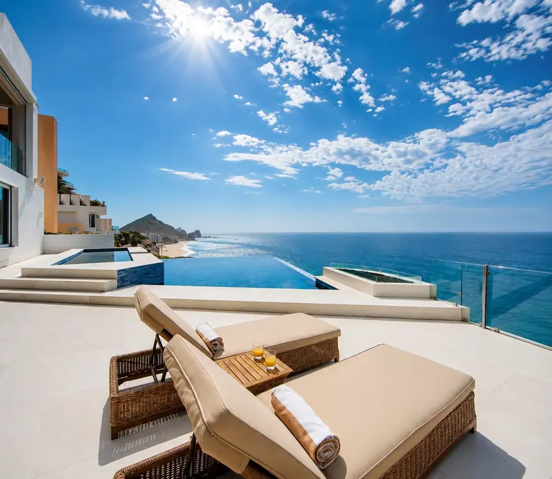 Villa Lands End pool-deck loungers and cocktails facing the ocean